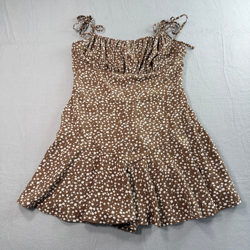 Cottagecore Soft Girl Floral Romper Women Medium Brown Smocked Tie Strap Ditsy - Picture 3 of 9